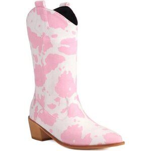 ⭐ Women's Cow Print Cowboy Boots - Mid Calf Western Cowgirl Boots